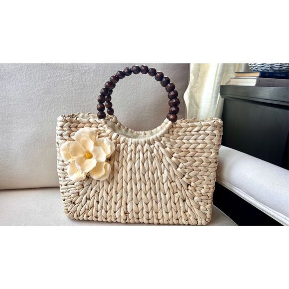 Handmade Handbags - Handmade Hand Woven Women’s Straw Rattan Top Handle Shoulder Bag Purse Flower